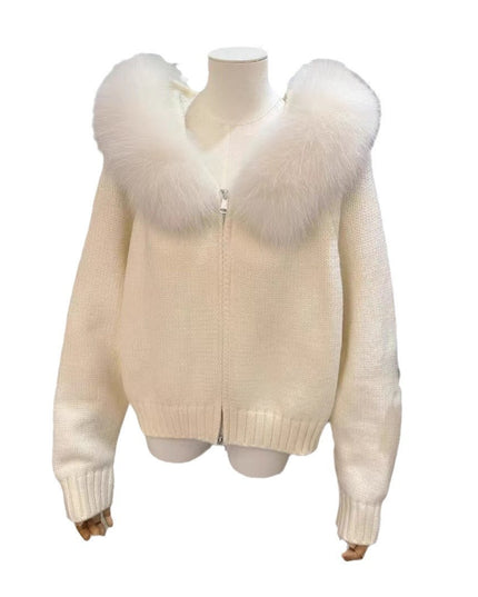 High-grade Women's Top Hooded Knitted Fur Collar Cardigan