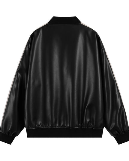Embroidery Color Stitching Stand-collar PU Leather Coat Men