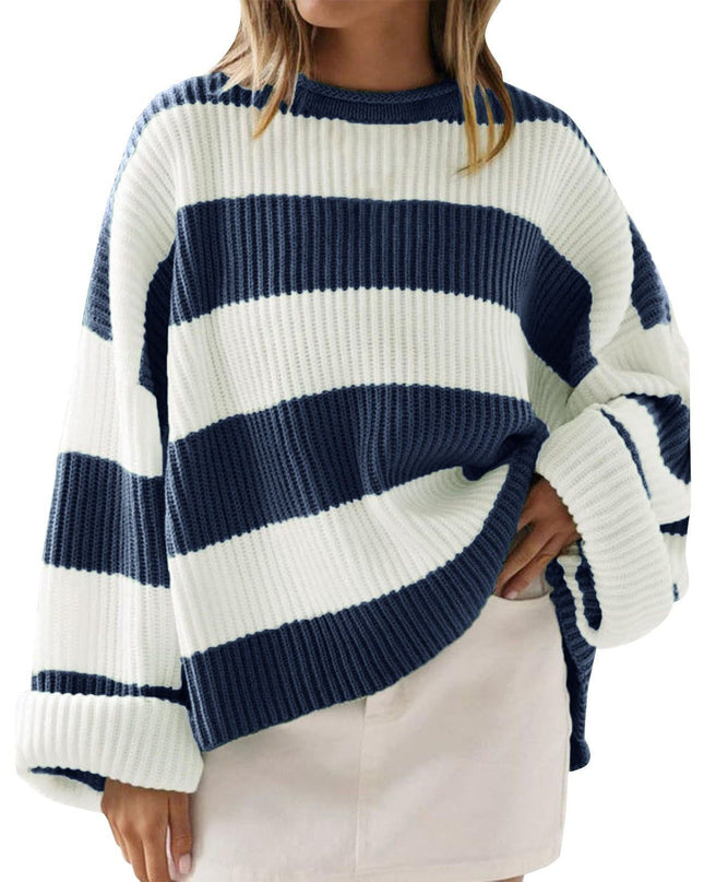 Loose Striped Sweater Fashion Casual Long Batwing Sleeve Round Neck Pullover Knit Tops Women Clothing