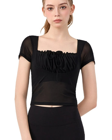 Lace Pleated Yoga Clothing Top Sports Short Sleeve With Chest Pad