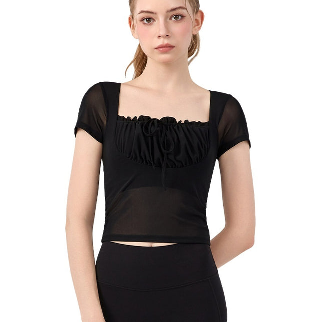 Lace Pleated Yoga Clothing Top Sports Short Sleeve With Chest Pad
