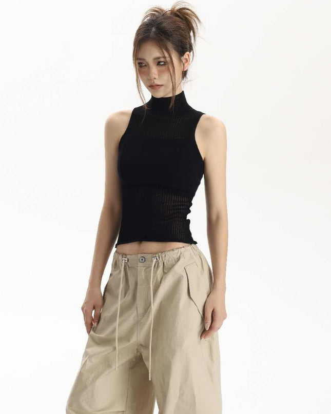 Black I-shaped Vest Camisole Women's Sleeveless High Neck Short Top