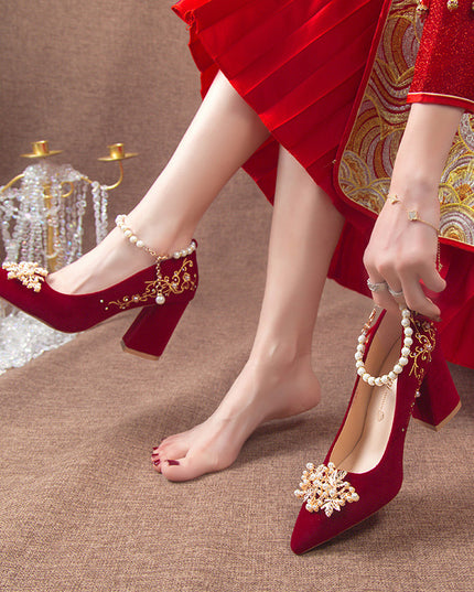 Wine Red Pointed Toe Chunky Heel Wedding Shoes For Women