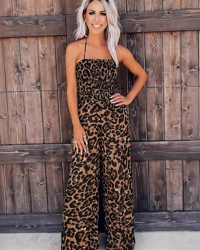 Women's Leopard Print Halter Backless Jumpsuit