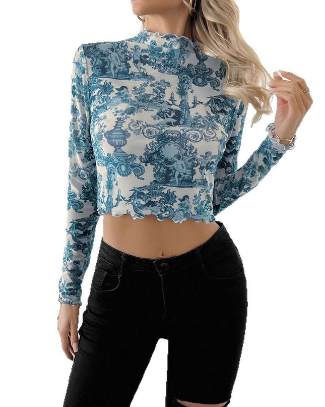 Transparent Blue Printed Long-sleeved Small Stand Collar Mesh Short T-shirt