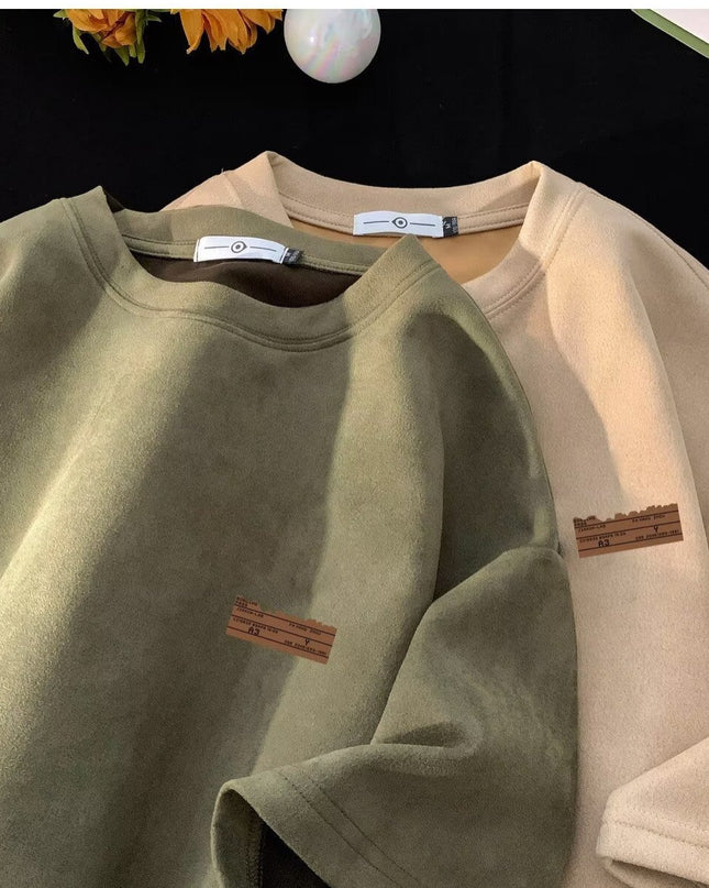 Retro Men's Suede Loose Half Sleeve T-shirt Teenagers Pop Top