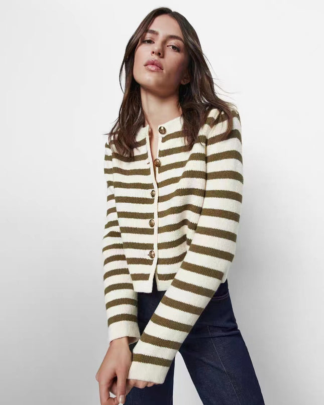 Buckle Striped Classic Style Knitted Cardigan Sweater Short Coat
