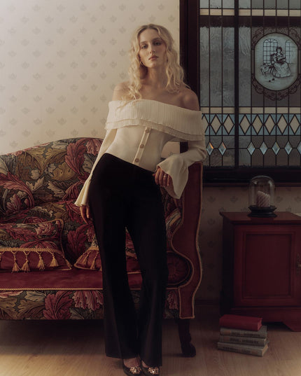 Off-shoulder Collar Long Sleeve Clinch Splicing Knitwear