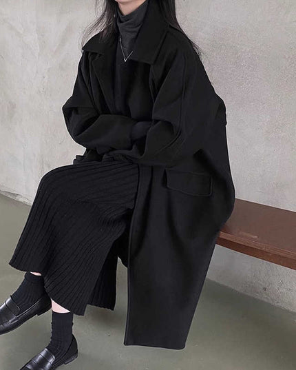 Retro Lapels Single-breasted Loose Mid-length Woolen Coat