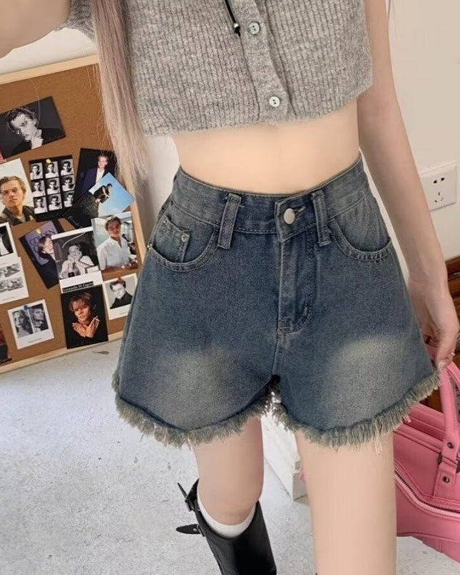 American Style Fringed Burr Denim Shorts Slimming And Wide Leg High Waist Loose