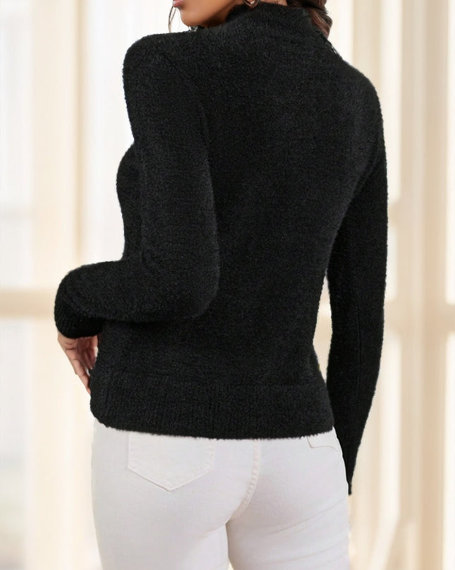 Women's Solid Color Stand Collar Long Sleeve Fluffy Sweater,