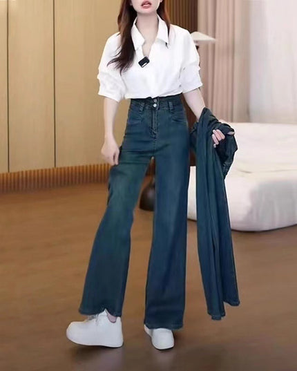 Dark Blue High Waist Drape Denim Wide Leg Pants Retro Pants Slim And Tall Stylish Straight Pants