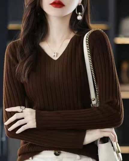 Slim V-neck Pullover Long Sleeve Knitted Sweater