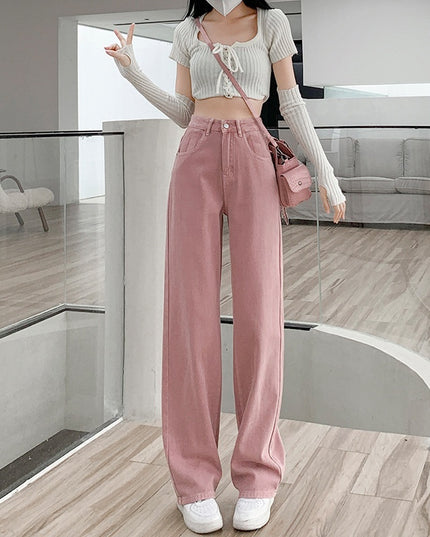 Dirty Pink Wide Leg Denim Women's High Waist Slimming Loose Straight Mop Pants