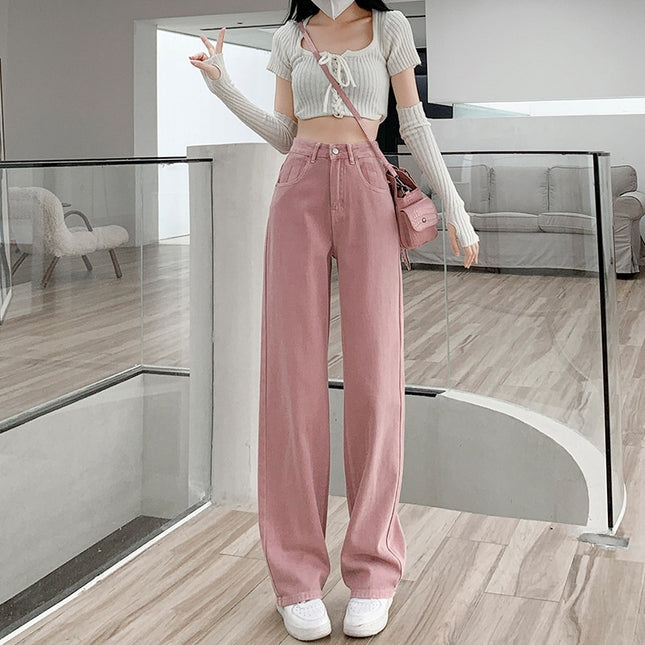 Dirty Pink Wide Leg Denim Women's High Waist Slimming Loose Straight Mop Pants