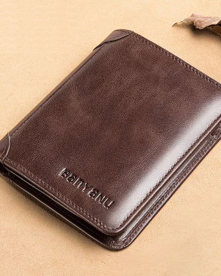 Men's Short Matte Leather Tri-fold Vertical Wallet