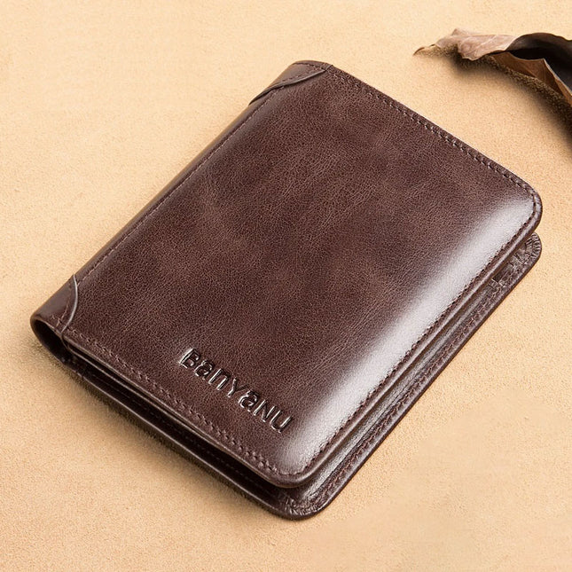 Men's Short Matte Leather Tri-fold Vertical Wallet