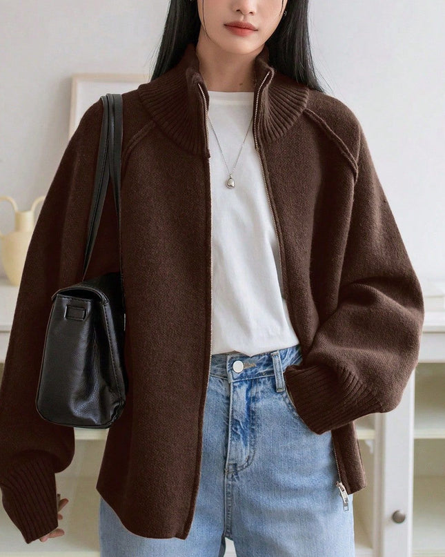 Solid Color Stand Collar Zipper Knitted Cardigan Top