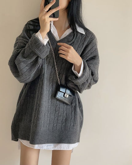 V-neck Mid-length Sweater Thick Long-sleeved Knitted Top