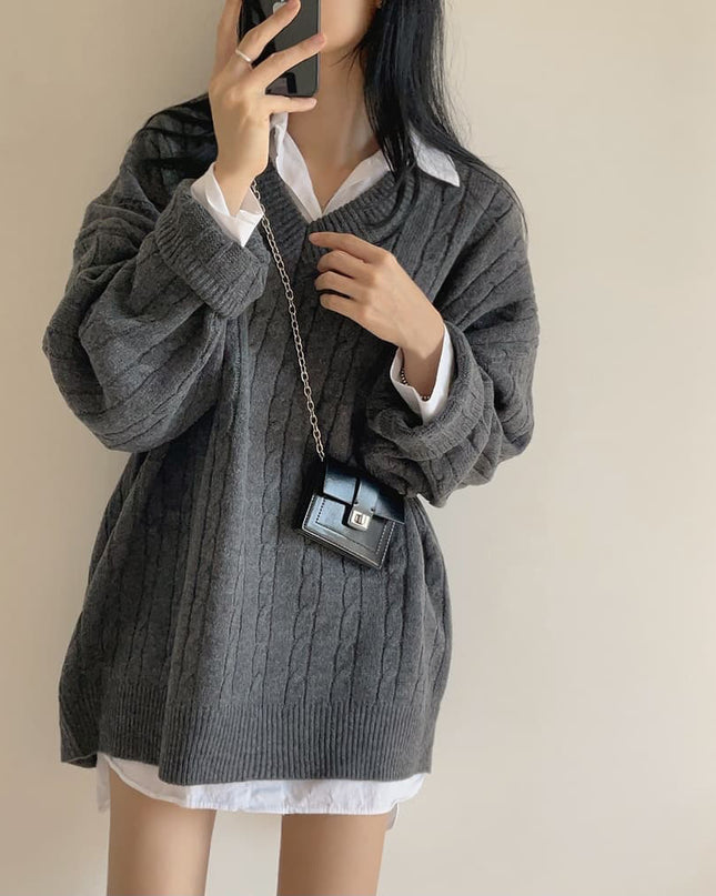 V-neck Mid-length Sweater Thick Long-sleeved Knitted Top