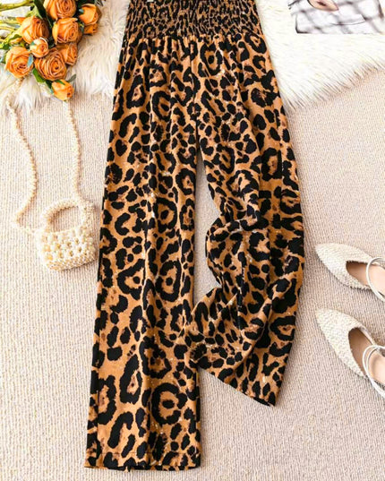 Leopard Print Floral Print Casual Jumpsuit Elastic Waist Loose Wide Leg Pants