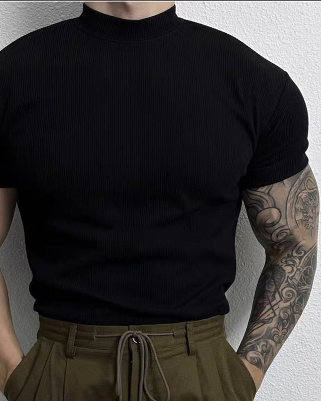 Men's American-style Pure Color Half Collar Thread Stretch T-shirt Top