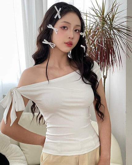 Pleated One-shoulder Backless Twisted Lace-up Asymmetric T-shirt Top