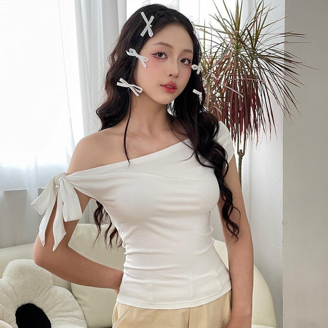 Pleated One-shoulder Backless Twisted Lace-up Asymmetric T-shirt Top