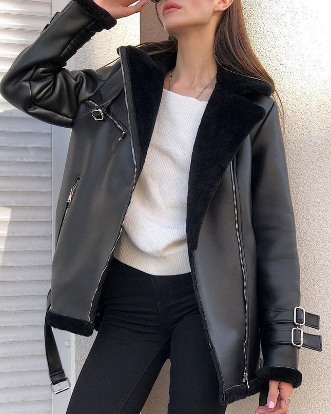 European And American Autumn And Winter Suede Lapel Zipper Cardigan Fashion Long Sleeve Solid Color Coat For Women