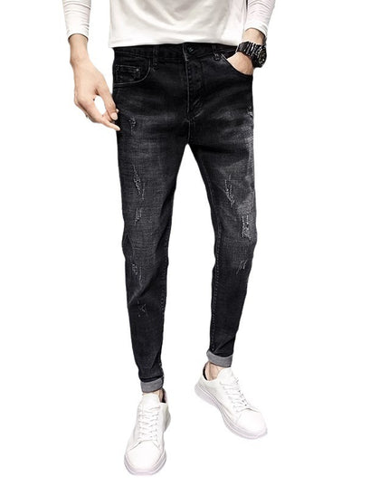 Jeans Men's Black Tapered Cropped Elastic Slim Fit Slimming