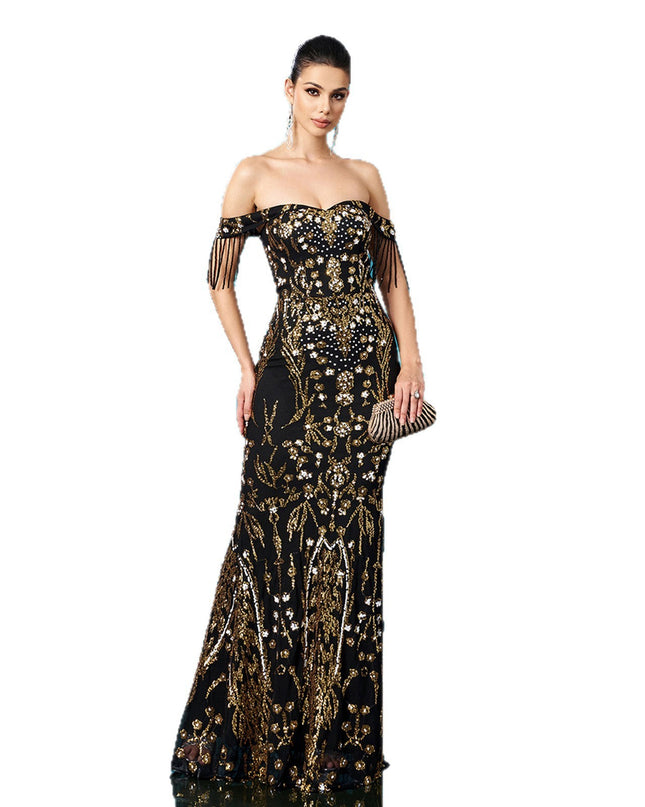 Off-neck Tassel Sequined Fishtail Evening Dress For Banquet