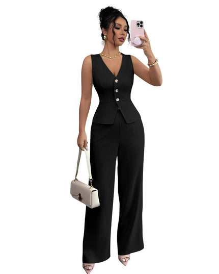 Solid Color Sleeveless Slim Fit Vest High Waist Trousers Two-piece Set