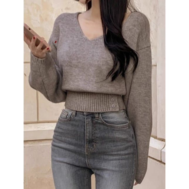 Solid Color And V-neck Side Buckle Waist Slimming Versatile Spring Top