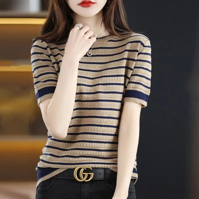 Loose Color Matching Striped Hollow Knitted Shirt