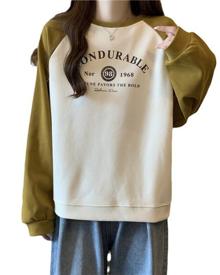Contrast Color Raglan Long Sleeve Hooded Printed Women