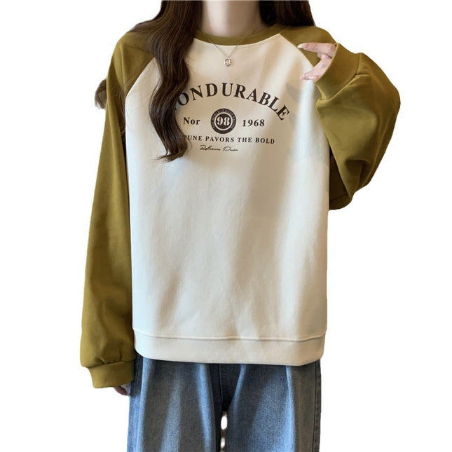 Contrast Color Raglan Long Sleeve Hooded Printed Women