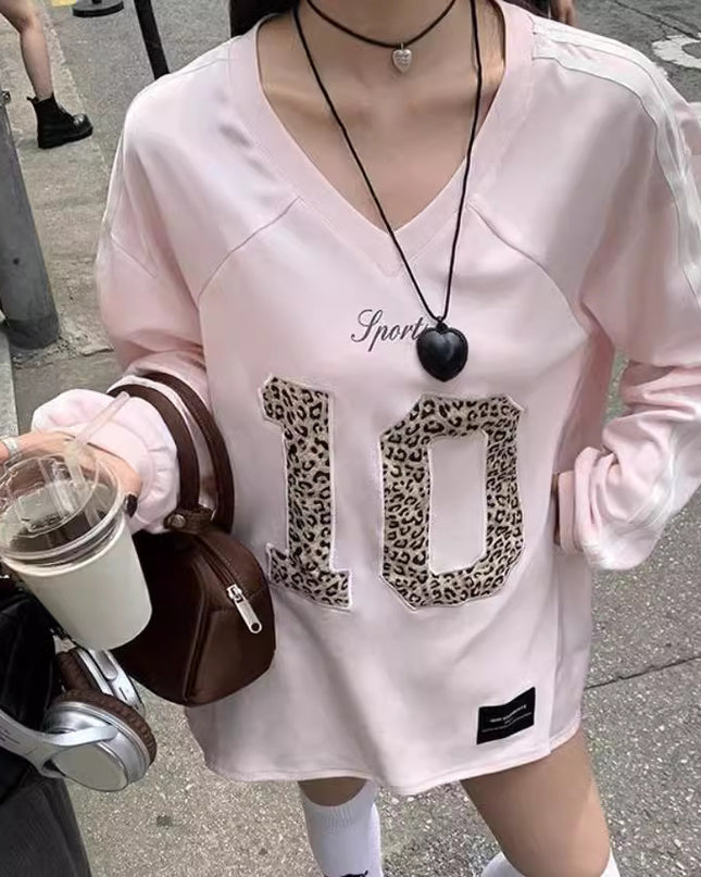 Leopard Print Letter Long-sleeved Sweater Sports Retro Style Loose Hot Girl Top