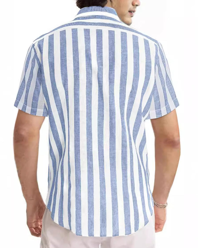 Casual Fashion Short Sleeve Striped Dress Shirt Cotton Beach Shirt
