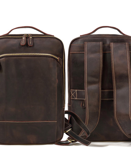 Double Zipper Main Bag Genuine Leather Large Capacity Crazy Horse Leather Outdoor Travel Leisure Backpack