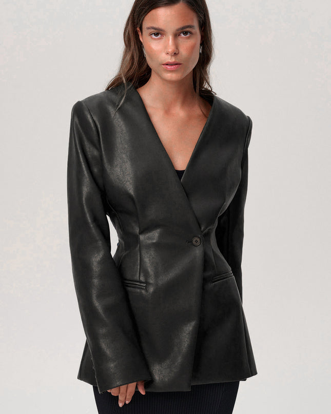 Fashionable Elegant Green V-neck Slim Suit Leather Coat