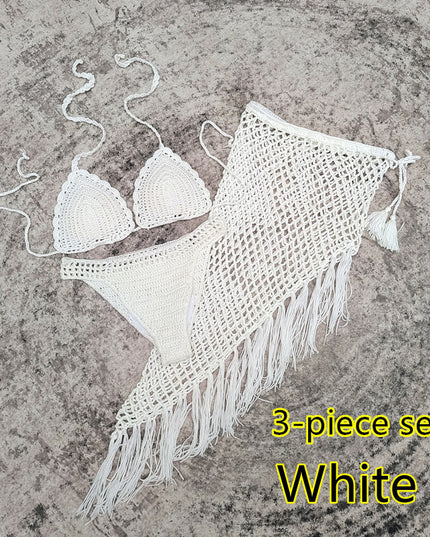 3-piece European And American Handmade Crochet Bikini Beach Skirt Swimsuit Suit