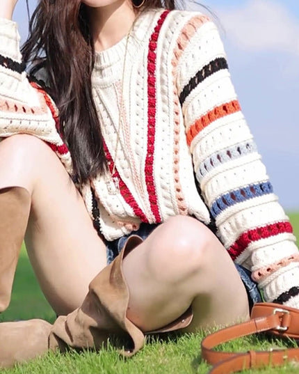Retro Chic Rainbow Striped Hollow Sweater Round Neck Sweater