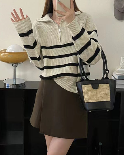 Casual Half Zipper And Lapel Coat Women's Striped Long-sleeved Sweater