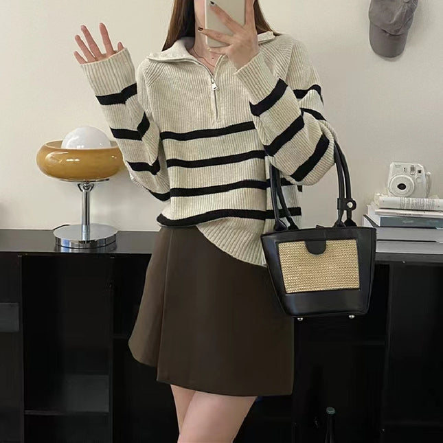 Casual Half Zipper And Lapel Coat Women's Striped Long-sleeved Sweater