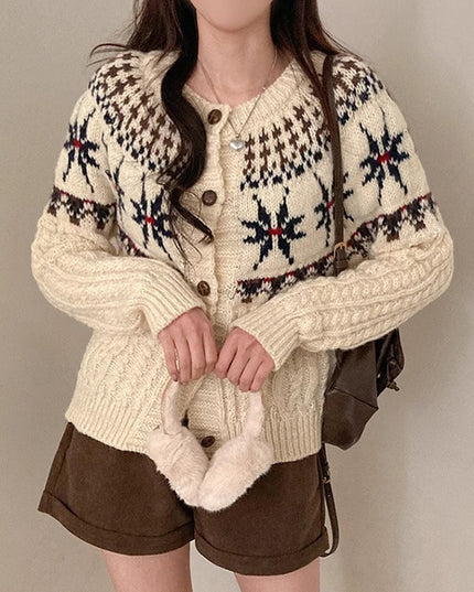 Single-breasted Contrast Color Snowflake Jacquard Long-sleeved Knitted Cardigan Sweater Coat