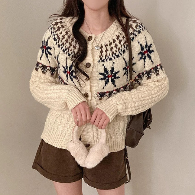Single-breasted Contrast Color Snowflake Jacquard Long-sleeved Knitted Cardigan Sweater Coat