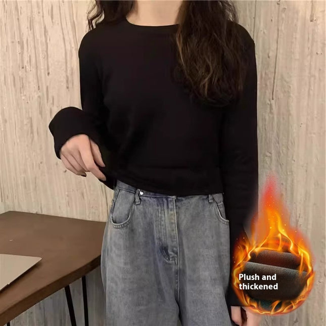 Plus Velvet White Bottoming Shirt Women's Inner Match Mid-length Loose T-shirt
