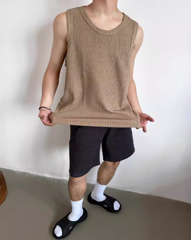 Casual Loose Sunken Stripe Sleeveless T-shirt Solid Color Top