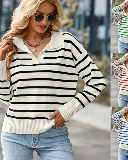 Casual V-neck Lapel Striped Sweater Fashion Long Sleeve Tops For Womens Clothing