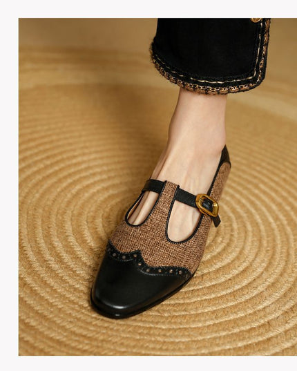 Pumps Women's Low-cut Chunky Heel Mary Jane Stitching T-strap